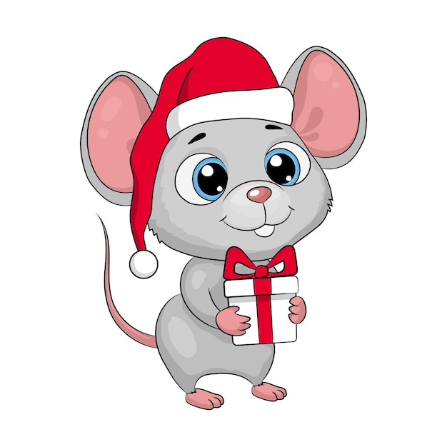 Ratón de dibujos animados lindo con un sombrero de santa