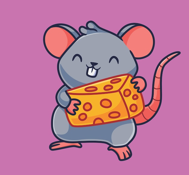 Ratón de dibujos animados lindo sosteniendo un vector de ilustración animal de dibujos animados de queso aislado