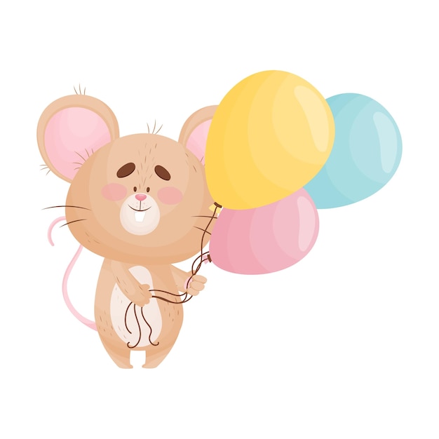 El ratón de dibujos animados sostiene globos ilustración vectorial sobre fondo blanco