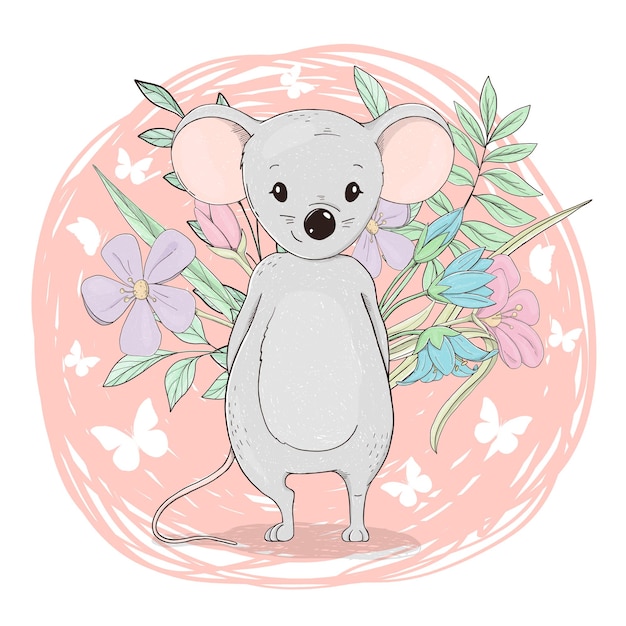 Ratón divertido dibujado a mano con un ramo de flores de primavera en la espalda