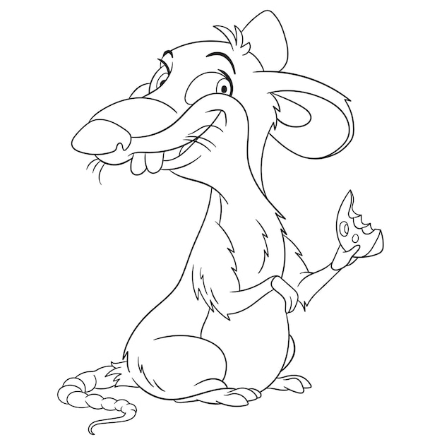 Ratón divertido con un trozo de queso. Página del libro de colorear de dibujos animados para niños.