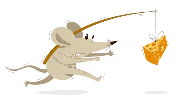 Vector el ratón de divertidos dibujos animados corre rápido en una ilustración de vector de prisa, concepto de prisa tarde, caricatura de rata humorística.