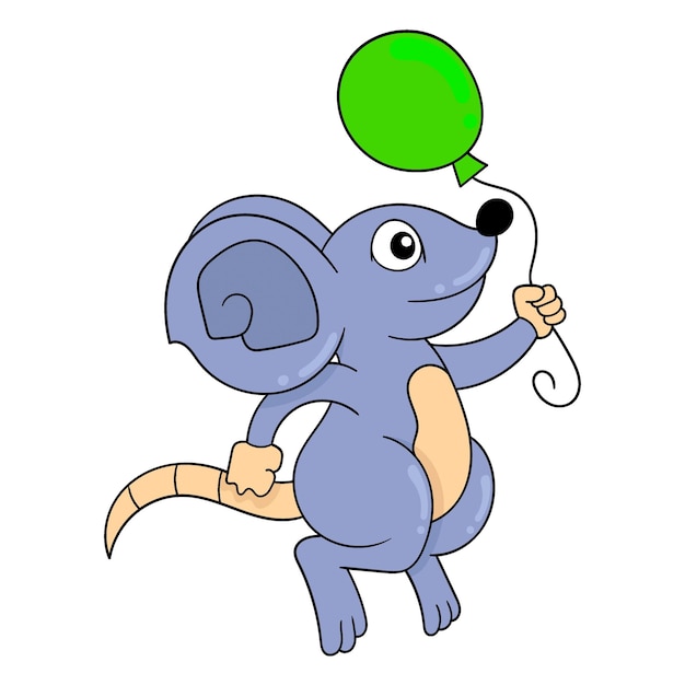 Ratón feliz sosteniendo cumpleaños globo verde doodle icono imagen kawaii