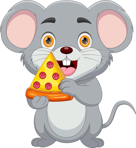 Vector ratón feliz sosteniendo una rebanada de dibujos animados de pizza