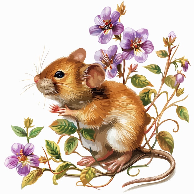 un ratón con flores púrpuras y un ratón en él