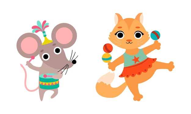 Ratón y gato de circo Animales que realizan trucos Tocar tambores y hacer malabarismos con bolas Conjunto vectorial