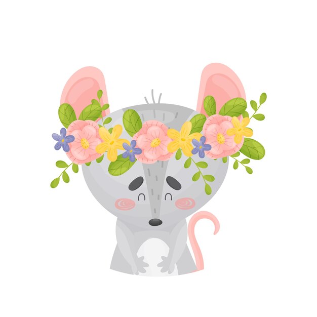 Ratón gris con una corona de flores en su cabeza Ilustración vectorial sobre un fondo blanco