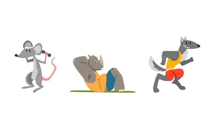 Vector ratón haciendo ejercicio con pesas lobo corriendo rinoceronte haciendo sentarse animales salvajes poderosos personajes haciendo deportes ilustración vectorial