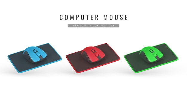 Ratón inalámbrico de computadora 3D realista en el pad al estilo de dibujos animados Concepto de equipo de computadora Vector