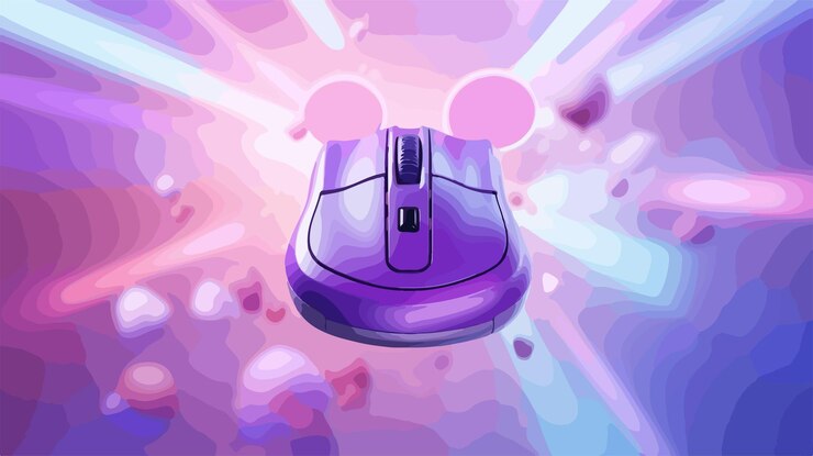Vector el ratón de juego profesional volando sobre un fondo púrpura borroso