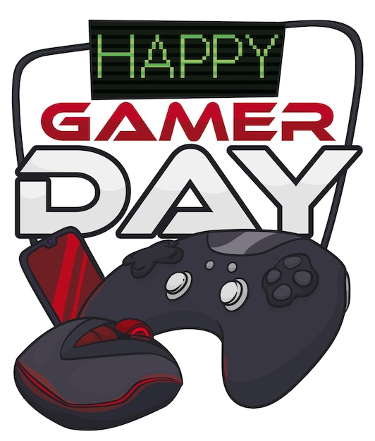 Ratón para juegos, teléfono móvil y controlador de juegos con pantalla de signos y píxeles, listo para el Día del jugador