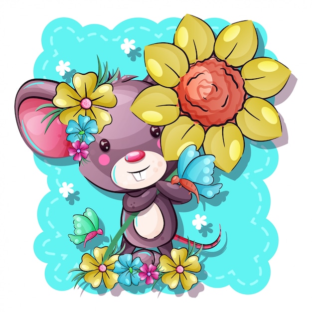 Vector ratón lindo bebé de dibujos animados con flores