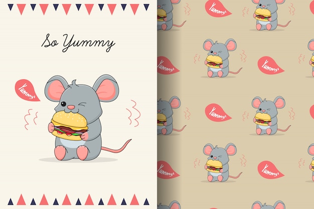 Ratón lindo comiendo hamburguesa de patrones sin fisuras y tarjeta