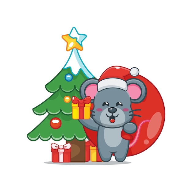 Ratón lindo en el día de Navidad que lleva el regalo Ejemplo lindo de la historieta de la Navidad