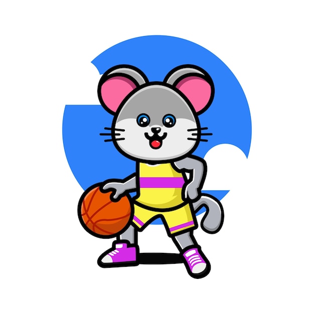 Ratón lindo feliz jugando baloncesto