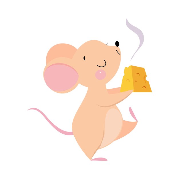 El ratón lindo con el hocico puntiagudo y las orejas redondeadas que lleva la ilustración vectorial de la losa de queso