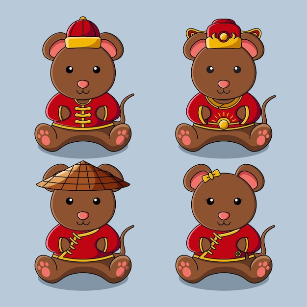 Ratón lindo en ilustración de colección de traje tradicional chino
