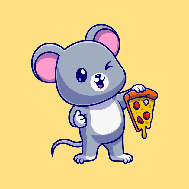 Ratón lindo que sostiene el ejemplo del icono del vector de la historieta de la pizza. Concepto de icono de comida animal aislado Vector Premium. Estilo de dibujos animados plana