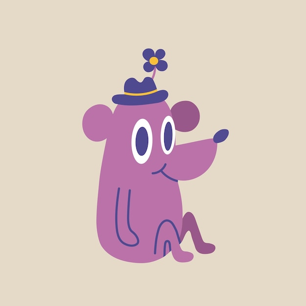 Ratón lindo en un sombrero se sienta estilo de dibujos animados divertido Personaje cómico Ilustración vectorial dibujado a mano diseño plano aislado Ilustración moderna de moda para carteles postales redes sociales o fondo