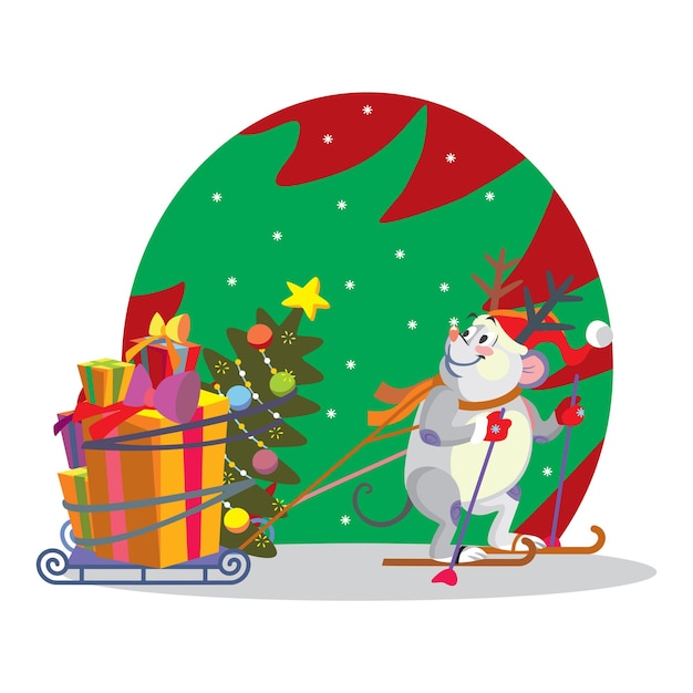 Vector ratón navideño con trineo