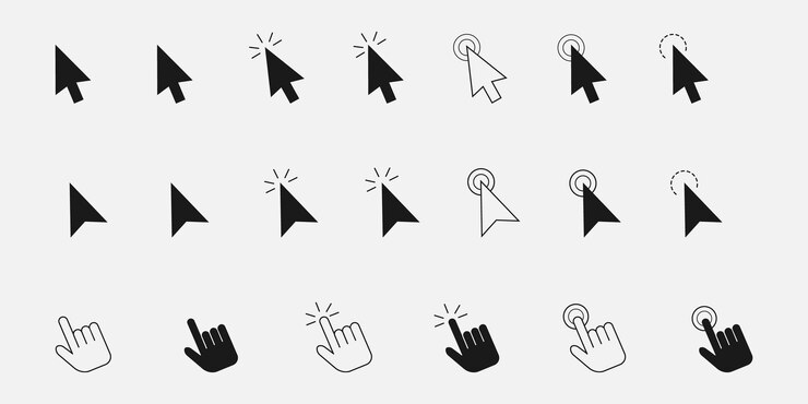 Vector el ratón del ordenador hace clic en el cursor de la flecha gris iconos de configuración y carga de iconos icono del cursor ilustración vectorial