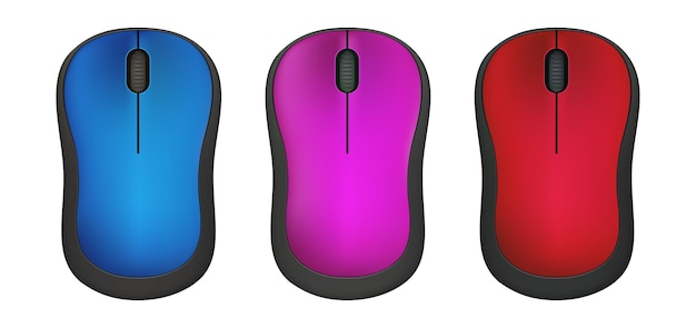 Ratón de ordenador moderno, rojo, azul y morado sobre fondo blanco.