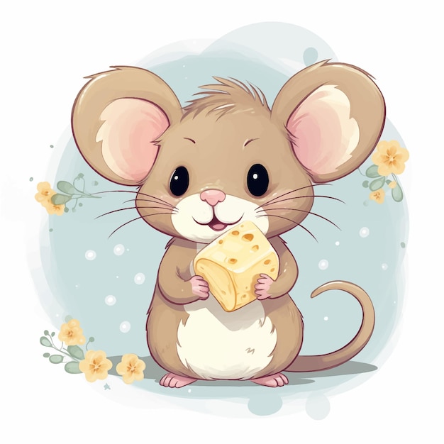 Vector ratón con queso cerca de las flores