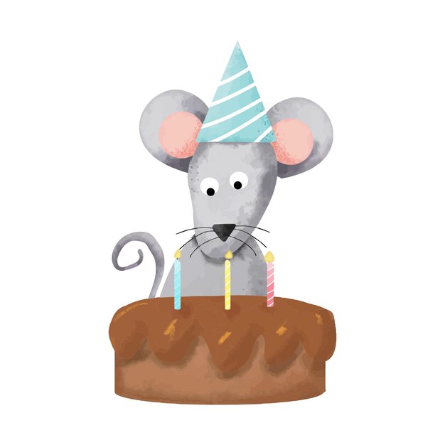 Vector un ratón con un sombrero de cumpleaños en él y un pastel de aniversario con un sombreiro de aniversario en él