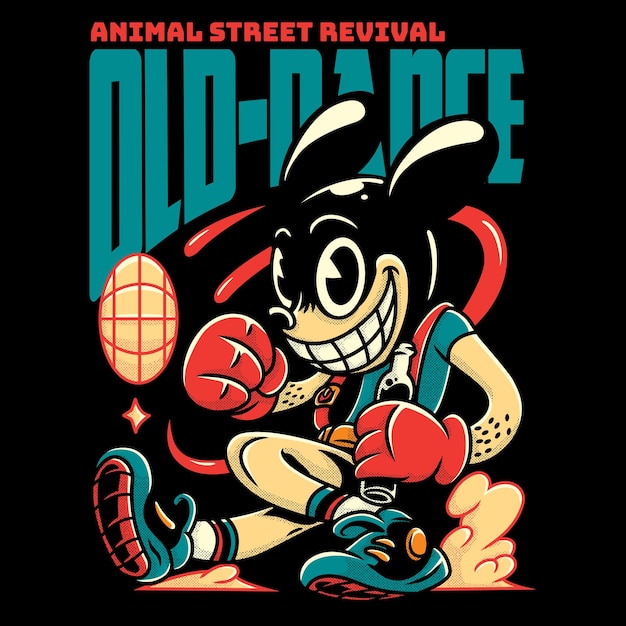 Vector el ratón sonriente con guantes de boxeo rojos en la ilustración de dibujos animados de streetwear