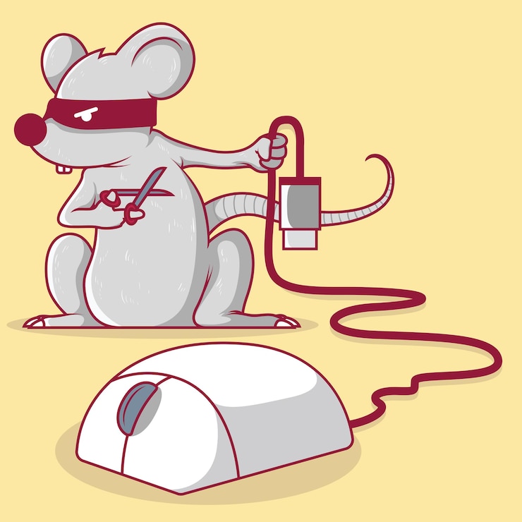 Vector ratón sosteniendo una tijera cortando el cable usb de una ilustración de ratón.