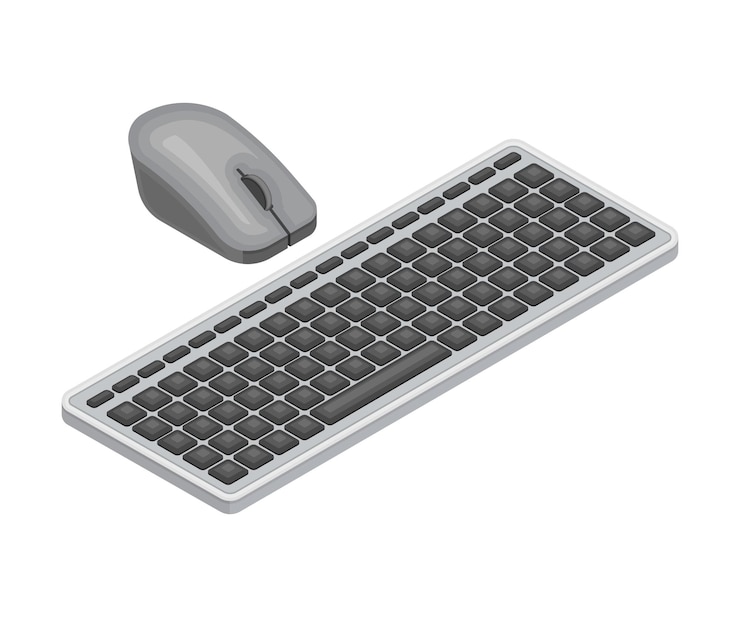 Vector el ratón y el teclado de la computadora como tecnología de comunicación de red inalámbrica ilustración vectorial isométrica