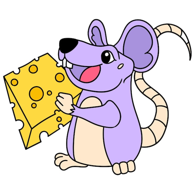 El ratón trae felizmente una rebanada de queso para comer, doodle dibujar kawaii. arte de ilustración vectorial