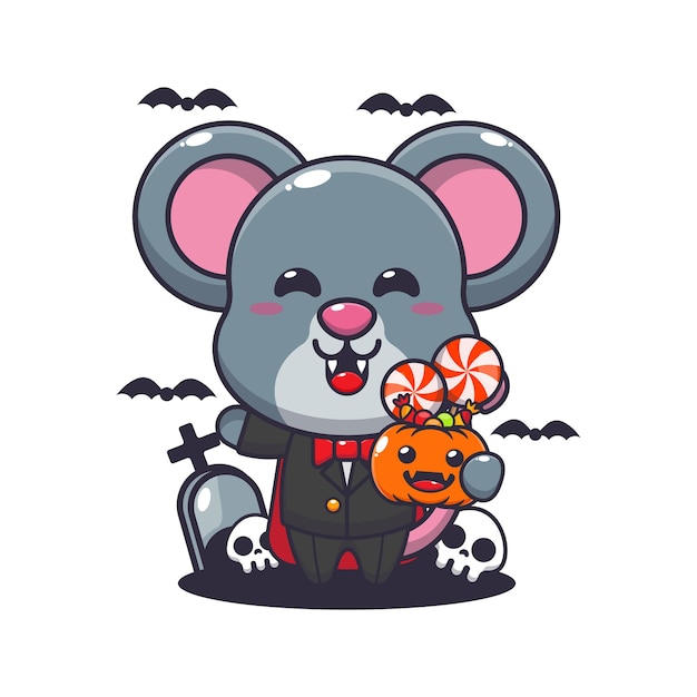 ratón vampiro sosteniendo calabaza de halloween