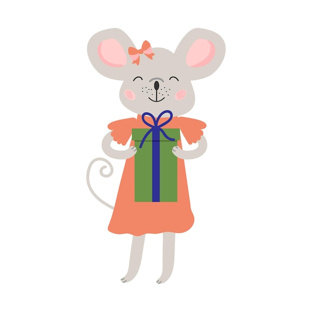 Ratón de vector adorable con un regalo Tema de vacaciones Ilustración de vector de niños lindos Blanco bg