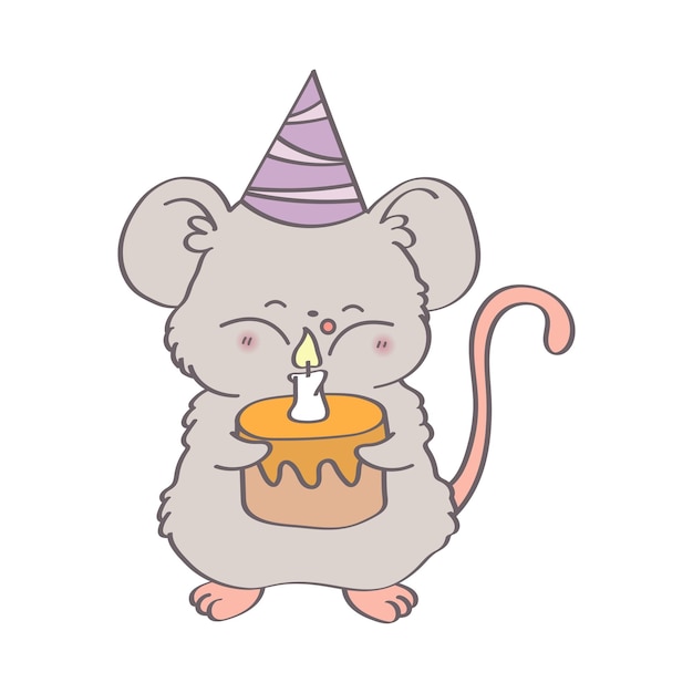 Ratón vectorial kawaii. ratón feliz cumpleaños con pastel.