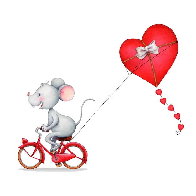 Vector ratoncito corriendo en bicicleta con una cometa en forma de corazón