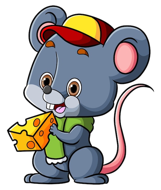 Vector el ratoncito lleva sombrero y bufanda mientras come queso de ilustración.