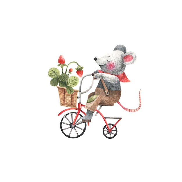 El ratoncito monta una bicicleta con fresas en una cesta para niños ilustración.