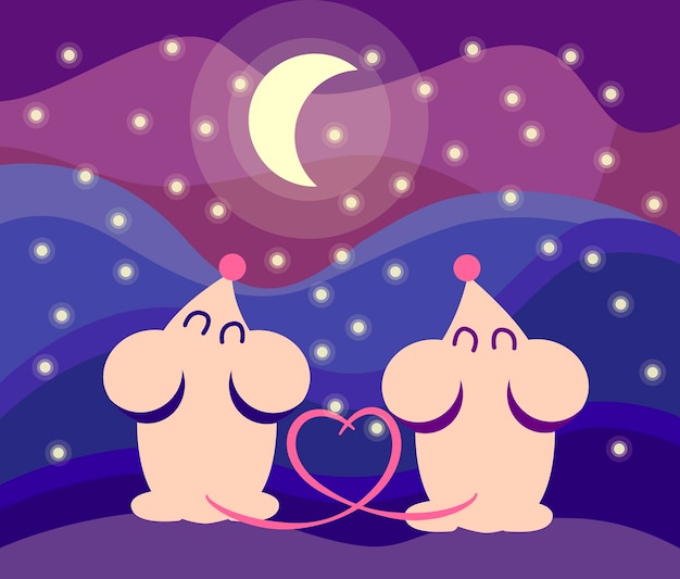 Ratones enamorados con colas en forma de corazón lindos ratones o ratas pareja de animales enamorados mirando la luna