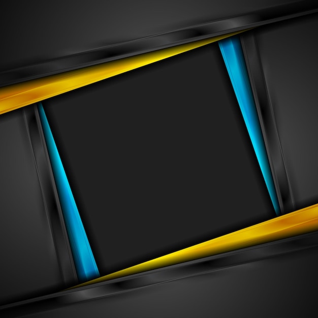 Rayas brillantes en azul, naranja y negro de alto contraste. Fondo corporativo de vector de tecnología abstracta