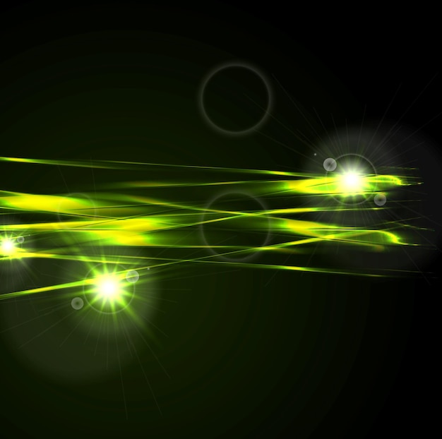 Rayas brillantes de color verde brillante sobre fondo negro con destello de lente Diseño de neón iridiscente brillante vectorial