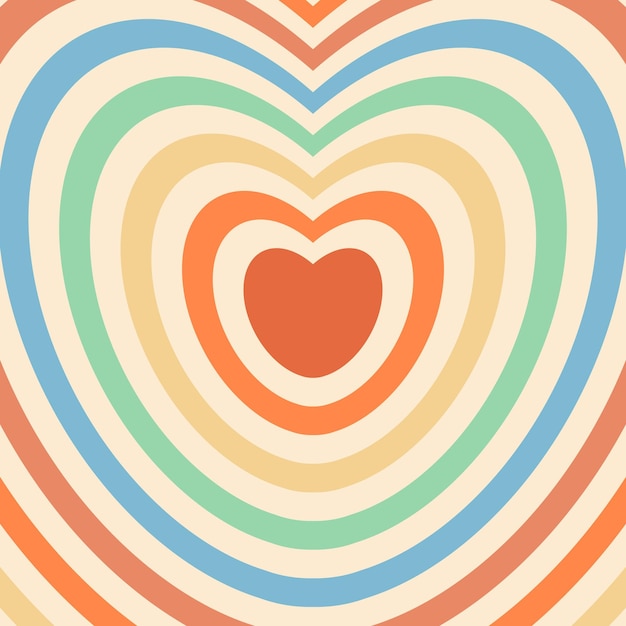 Rayas concéntricas en forma de corazón en estilo retro groovy. Fondo retro del arco iris psicodélico de los años 70
