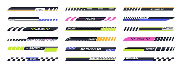 Las rayas deportivas de carreras deportivas las calcomanías de afinación de motocicletas, automóviles deportivos y barcos las pegatinas de vehículos las barras de afinación del vector plano colección de ilustraciones