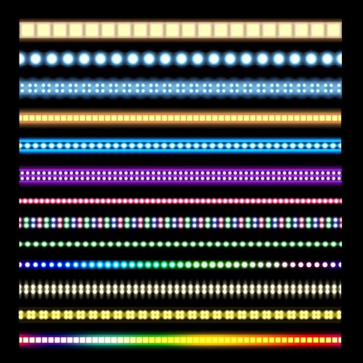 Vector rayas de luz luces led brillantes en cinta efecto de luz de brillo de neón y vector de borde de guirnaldas sin costuras