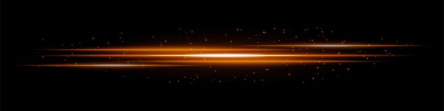 Rayas de luz naranja brillante con partículas dispersas en un fondo oscuro Flujo de energía futurista efecto láser iluminación de neón y concepto de movimiento de velocidad digital