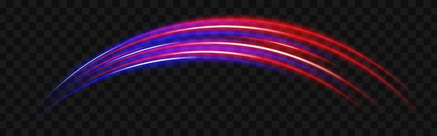 Las rayas de luz rojas y azules con una reflexión de haz curvo Scifi diseña transiciones de luz y efectos futuristas Arcos de neón brillantes en un fondo transparente