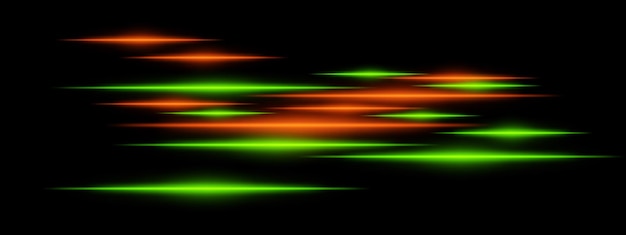 Las rayas de luz verdes y naranjas brillantes en un fondo negro los rayos de neón horizontales crean un efecto de movimiento de alta velocidad que simboliza la tecnología futurista y la energía digital Scifi cyber