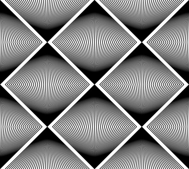 Rayas monocromáticas geométricas de patrones sin fisuras, fondo abstracto vectorial en blanco y negro. Telón de fondo simétrico gráfico, adorno de rombos geométricos.