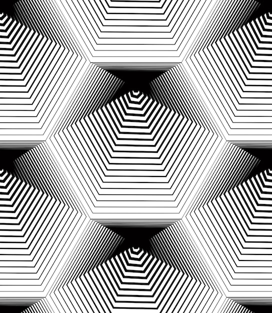 Rayas monocromáticas geométricas de patrones sin fisuras, fondo abstracto vectorial en blanco y negro. telón de fondo simétrico gráfico.