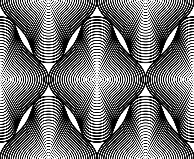 Rayas monocromáticas geométricas de patrones sin fisuras, fondo abstracto vectorial en blanco y negro. Telón de fondo simétrico gráfico.